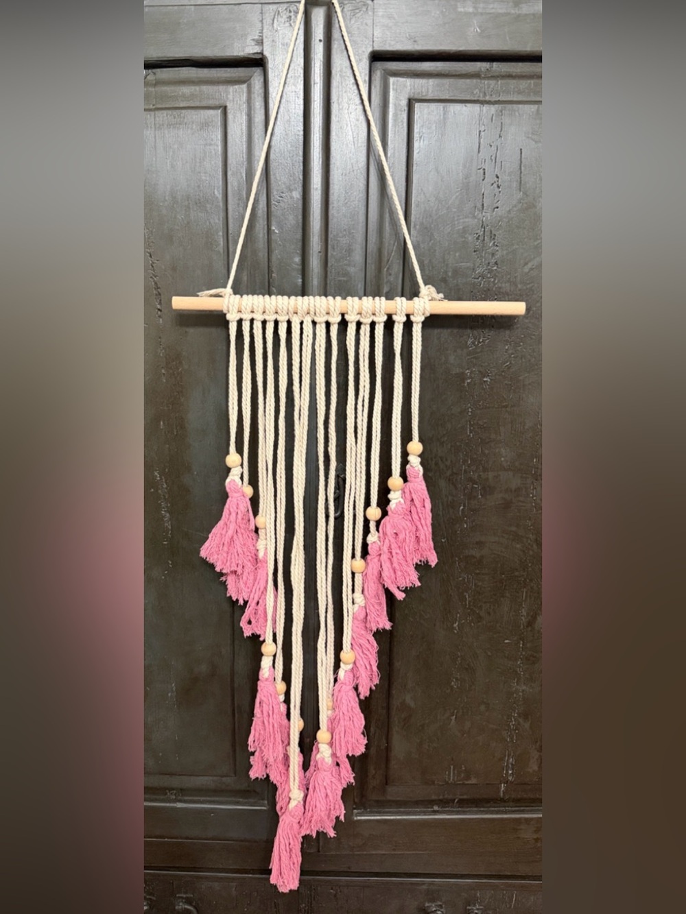 Boho Chic woven macrame wall hanging tapestry with pink tassels & wooden beads